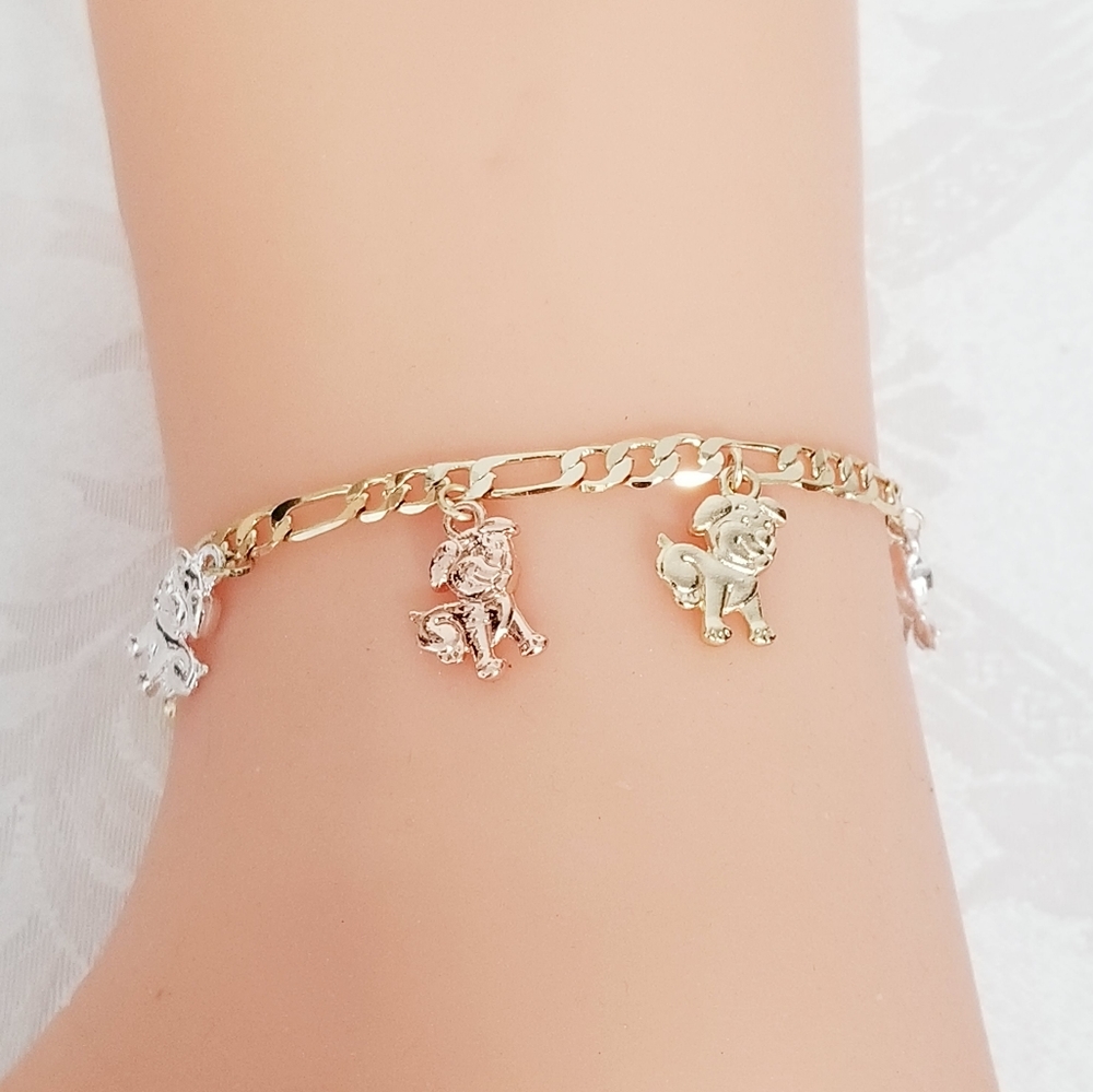Puppies Tricolor Dangle Charms Women's Bracelet. 14K Gold Plated. New